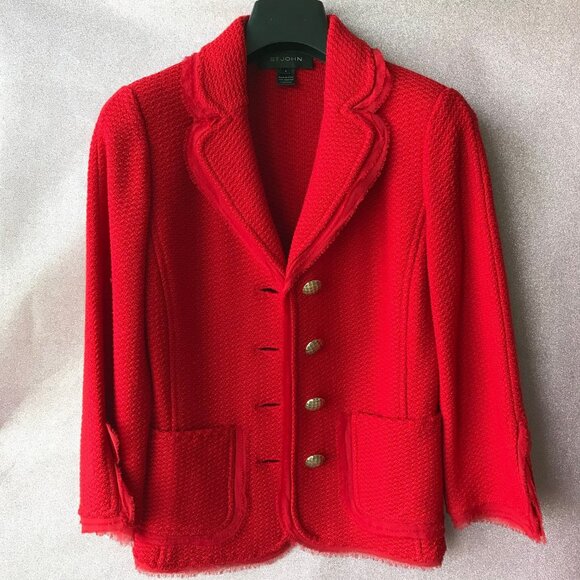 St.John  Knit Blazer Jacket Red 3/4 Sleeve 53% wool 47% Rayon Made in USA - Picture 9 of 12